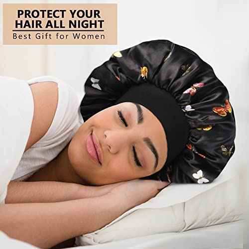 3pcs Large Silky Bonnets for Sleeping, Cute Butterfly Bonnet for Women Braids Curly Hair, D