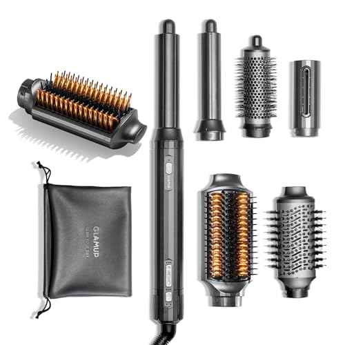 GLAMUP¢ç FusionPro¢â 6 in 1 Hot Air Styler- Wrap Curler & Thermal Brush Straightener, High Speed Hair Dryer, Round Brush, Volumizer, Hair Styling Gift Set with Travel Bag, Blow Dryer Brush