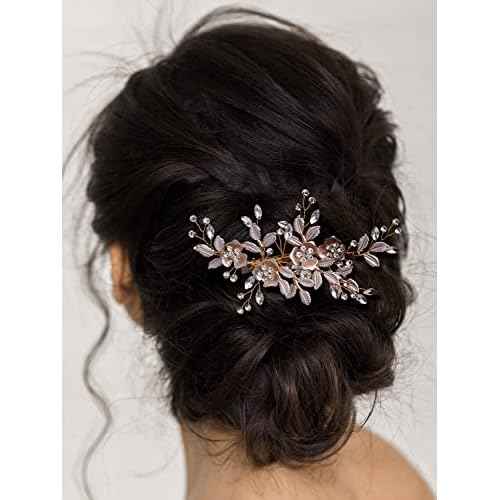 SWEETV Light Rose Gold Wedding Clip Rhinestone Bridal Comb Barrette - Handmade Flower Clip Head Pieces for Women