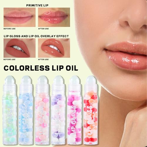 6pcs Macaron Rolling Ball Lip Gloss,Transparent Moisturizing Lip Oil,Lip Gloss for Dry and Chapped Lips,Glossy Lip Make-up for All Age