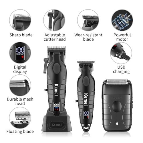 KEMEI Professional Hair Clippers for Men, Cordless Barber Clippers Set and Trimmers Kit, Rechargeable Electric Foil Shaver & Beard Trimmer, Men's Facial Grooming, Hair Cutting Tools, Gifts for Men