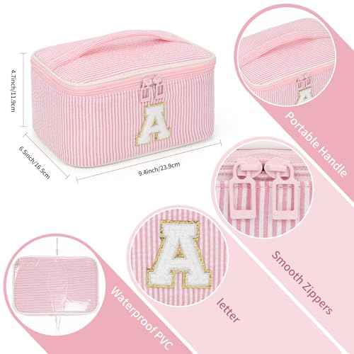 OCHEAL Makeup Bag for Women, Monogram Cosmetic Bag with Brush Holder, Pink Travel Makeup Case Beauty Toiletry Bag Organizer Personalized Gifts for Girls Bridesmaid, Sister, Wife, Friends Initial A