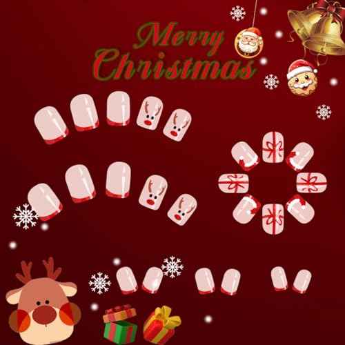 24 Pcs Christmas Press on Nails Short Square - SHANRUN Xmas Pink Fake Nails Press ons Nail Art Tip Glue on Nails Full Cover Artificial Acrylic False Nails Stick on Nails Red Hat French Gift Box Design
