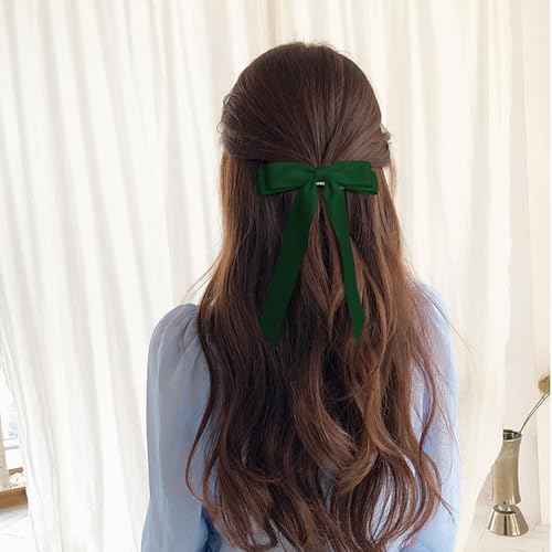 2PCS Dark Green Hair Bows Solid Satin Polyester Ribbon Bow Hair Clips Ponytail Big French Hair Barrettes with Long Tail Wedding Dress Decor Hair Accessories for Women Toddler Teen Girls