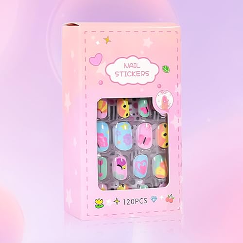 AddFavor 120pcs Press on Nails for Kids, Full Cover Short Fake Nails for Kids Cute Acrylic Nails Press ons Nail Kit for Children Little Girls Nail Art Decoration