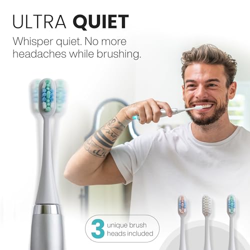 Tranqwil Slimsonic Electric Toothbrush - Vibration Plate Brushhead, 42,000 VPM Motor, 60 Day Charge, 5 Modes, 2 Min Built-in Smart Timer (Silver Metal)