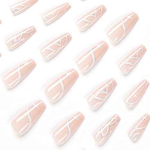 Butterfly Fake Nails, Artificail Extra Long Press on Nails, Glitter Acrylic Pink Full Cover Fake Nails with Design Nail Tips for Women&Girls, 24PCS