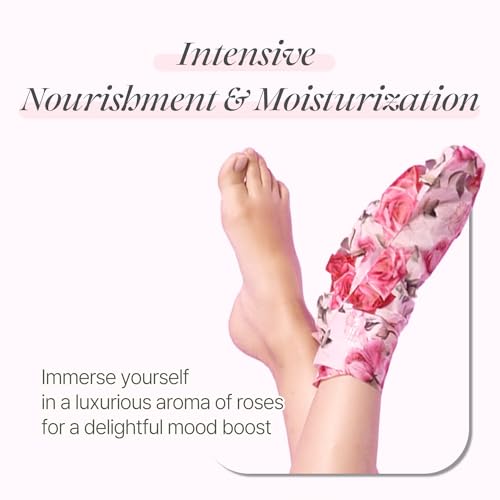 PETITFEE Rose Petal Satin Foot Mask (5pairs) - Intensive Nourishing Socks, Rose Scented Foot Repair Masks with Peptide, Collagen, Shea Butter, Urea for Silky Smooth Feet, Foot Treatment, Body Mask