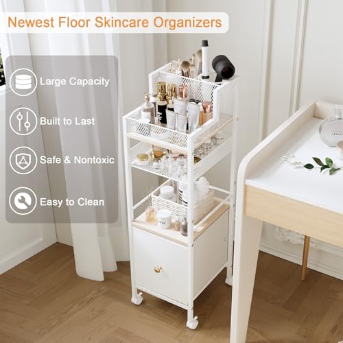Floor Makeup Organizer Cart, Narrow Floor Skincare Organizers and Storage with Drawers, Bathroom Vanity Organizer Cosmetics Display Cases Holder for Skin Care Nail Polish Perfume Makeup Brush (White)