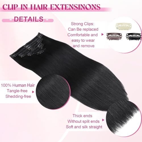 Clip in Hair Extensions Real Human Hair, Remy Human Hair Extensions Clip ins for Women, 100% Natural Human Hair, Double Weftm, 22inch 110g 8Pcs, #1 Jet Black