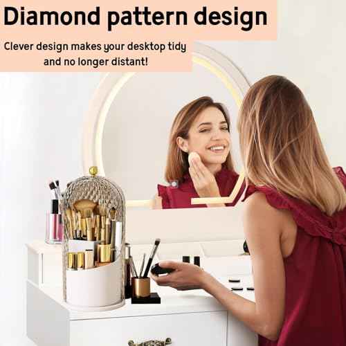 Makeup Brush Holder with Lid£¬Makeup Brush Storage Box with Diamond Pattern£¬360 Rotating Waterproof and Dustproof Beauty Brushes Storage for Vanity Bathroom,White