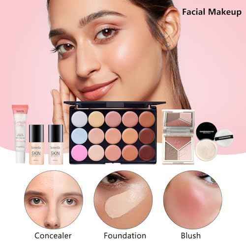 All in One Makeup Kit for Women Full Kit, Make Up Gift Set for Women, Makeup Essential Bundle Includes Foundation Face Primer Eyeshadow Contour Palette Lipstick Eyeliner Mascara Cosmetic Brush Set