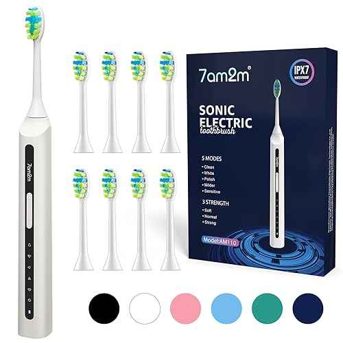 7AM2M Sonic Electric Toothbrush, High Power Rechargeable Toothbrushes, with 8 Brush Heads for Adults and Kids, 15 Adjustable Modes, Built-in 2-Minute Smart Timer, 4 Hours Fast Charge(White)