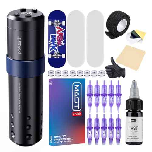 Mast Tattoo Kit, A3 Wireless Tattoo Gun Machine Kit, Complete Tattoo Kit, Finger Skate Practice Skin for Beginner, Tattoo Needles Cartridges