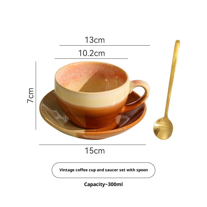 Kiln-Fired Retro-Style Ceramic Coffee Cup - Embossed Milk Mug with Optional Spoon