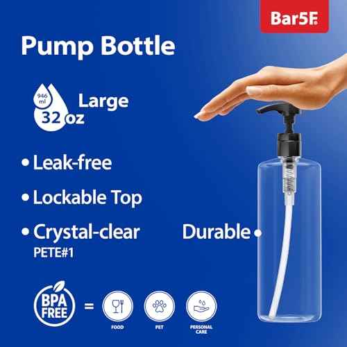 Bar5F Empty Shampoo Bottles with Pumps (2-Pack 32oz/1Liter/Large) BPA-Free PETE1 Plastic Bottle Crystal-Clear