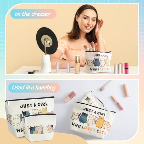 2 Pack Cat Makeup Bags with Zip Just a Girl Who Love Cats Cosmetic Bags Cat Lover Gifts for Daughters, Sisters, Friends, Teen Girl, Women, Ideal Gifts for Travel, Birthdays, Christmas