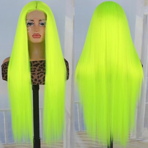 Aubree Fluorescent Green Wigs for Women Neon Green Long Straight Lace Front Synthetic Wigs with Baby Hair Glueless Heat Resistant Hair Replacement for Cosplay Party Christmas gift