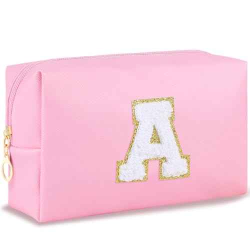 Initial Makeup Bag Personalized Preppy Cosmetic Bag Travel Toiletry Bag Waterproof PU Small Makeup Pouch Bag for Purse Birthday Gift Cute Stuff for Teen Girls Women (Pink A)