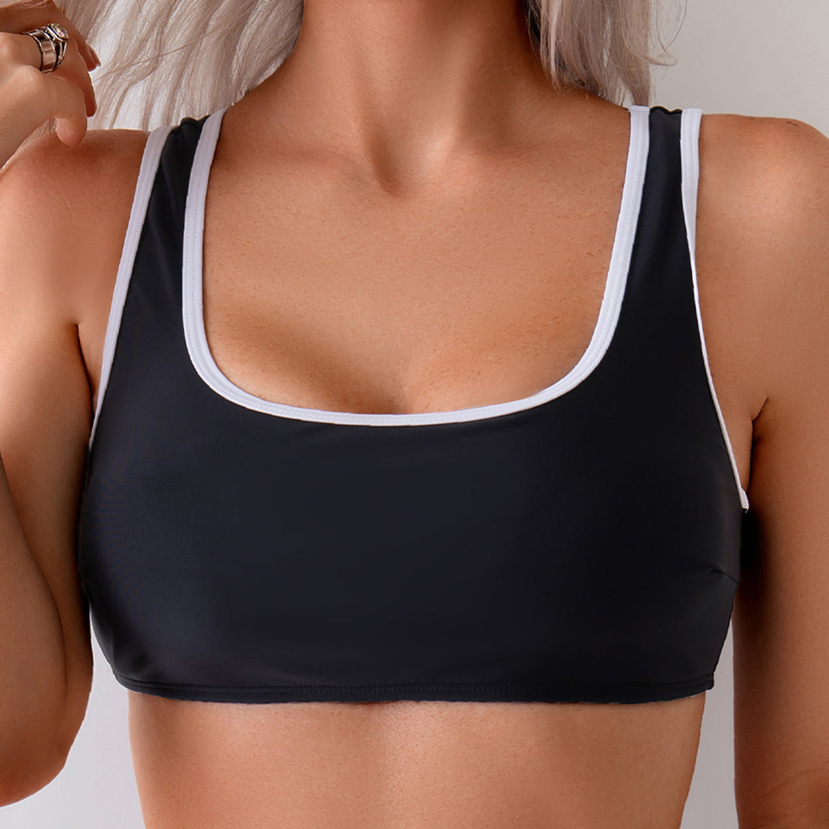 Sporty Black Bikini Set - Square Neck Top with White Trim