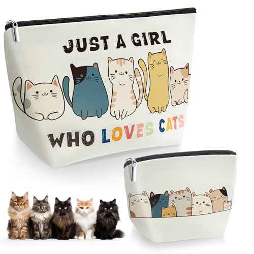 2 Pack Cat Makeup Bags with Zip Just a Girl Who Love Cats Cosmetic Bags Cat Lover Gifts for Daughters, Sisters, Friends, Teen Girl, Women, Ideal Gifts for Travel, Birthdays, Christmas