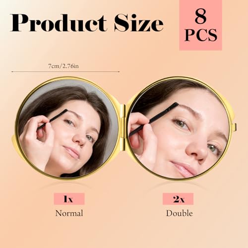 8 Pcs Compact Mirror for Purse, Portable Folding Compact Mirror, Double-Sided 1X/2X Magnifying, Metal Round Shell, Mini Travel Makeup Mirror for Women Bridesmaid Gifts (Gold)