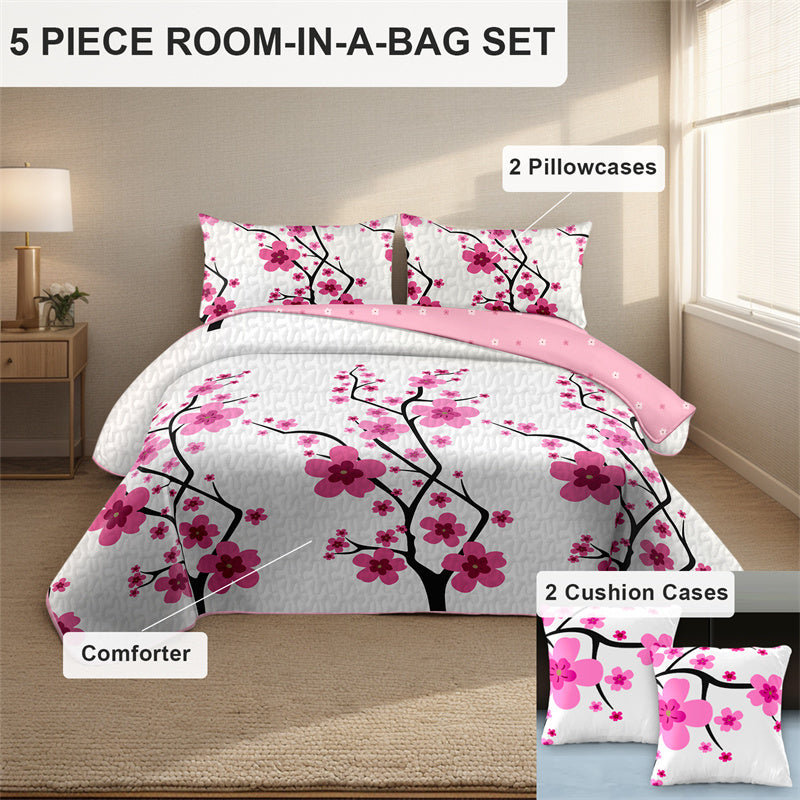 Pink Floral 5-Piece Quilt Set with Pillow Shams & Covers