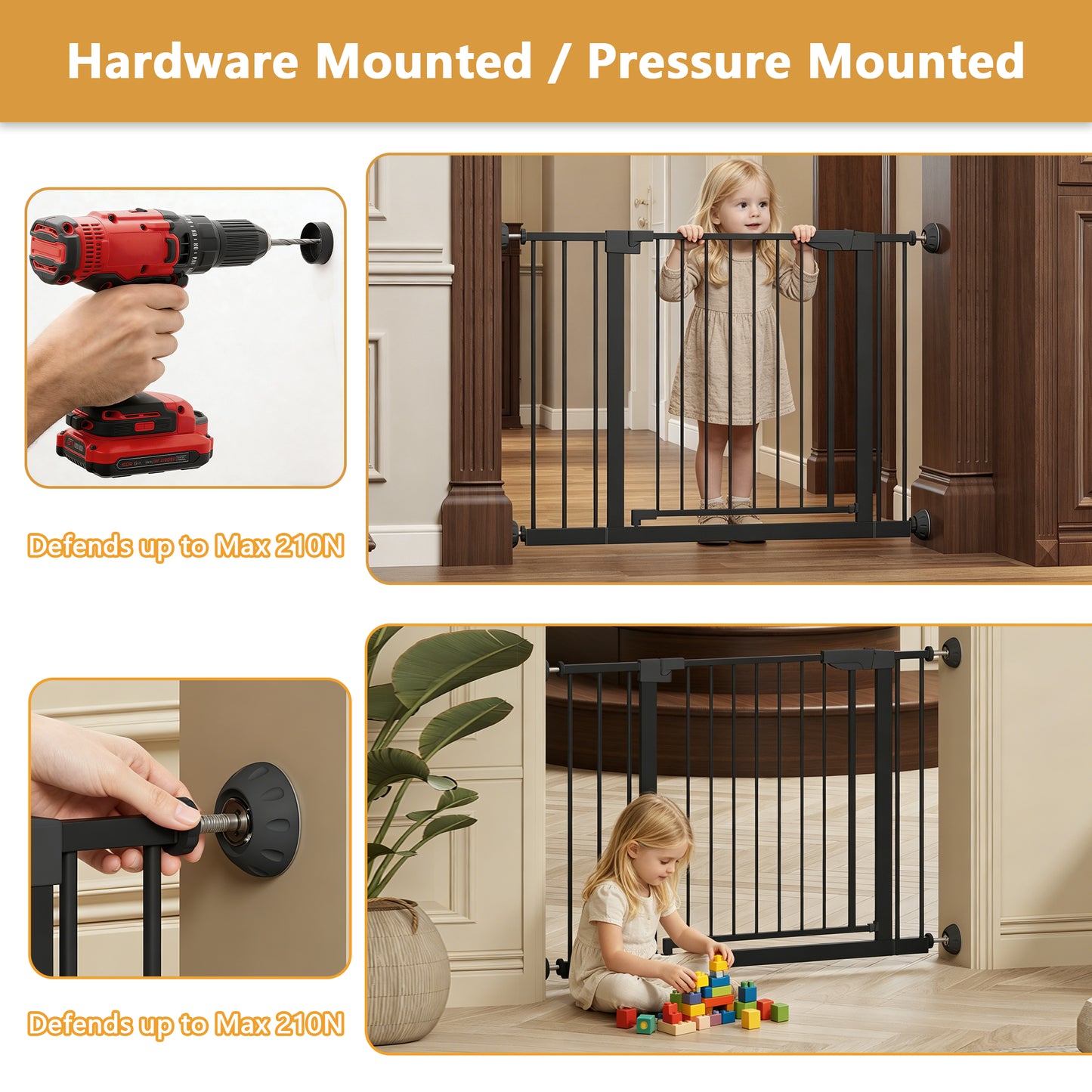 Pressure Mounted Baby Gate with Walk-Through Design - Black