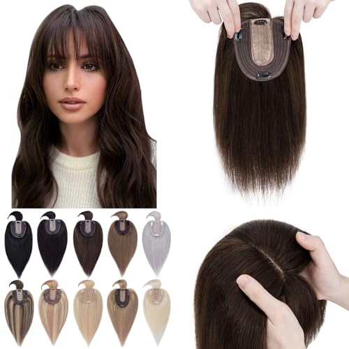 SEGO Hair Toppers for Women With Bangs Real Human Hair, 130% Density 10 * 12CM Silk Base Clip in Top Wiglet Hairpieces for Thinning Hair-10 Inch 02 Dark Brown