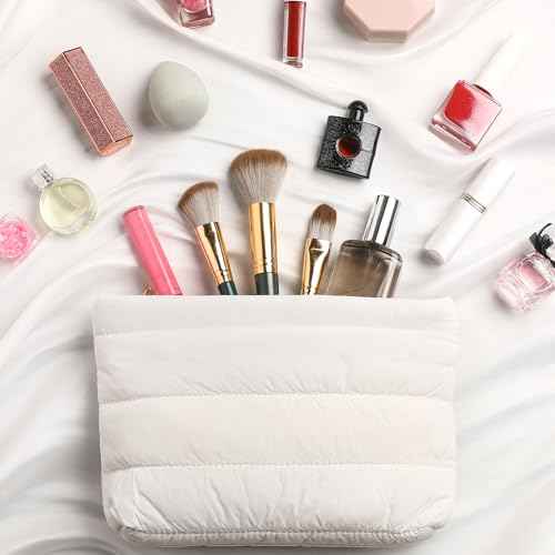 Hillban Puffy Quilted Makeup Bag Quilted Cosmetic Bag Cute Puffer Toiletry Checkered Pouch Aesthetic Travel Makeup Brushes Organizer(White,Classic Stripes)