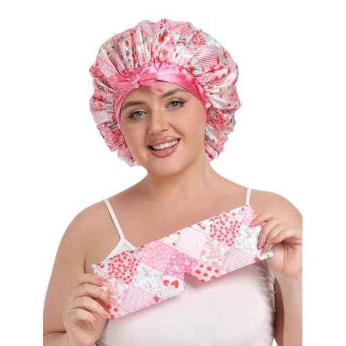 Double Layer Satin Hair Bonnet with Eye Mask Silk Sleep Cap with Tie Head Wrap for Curly Natural Hair Pink Strawberry