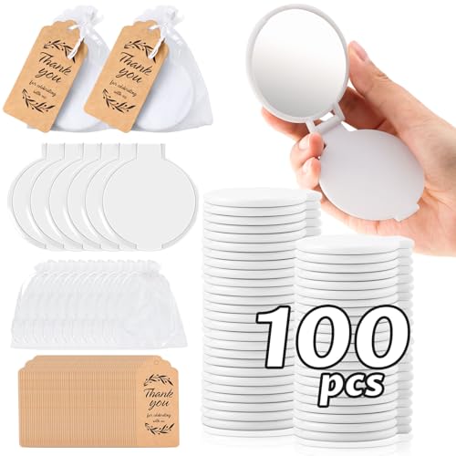 100 Pcs Compact Mirror Bulk Round Makeup Mirror for Purse Gifts Mini Round Folding Mirrors Vintage Travel Mirror Portable Makeup Pocket Mirror Small Purse Mirror with Tag and Organza Bag for Women