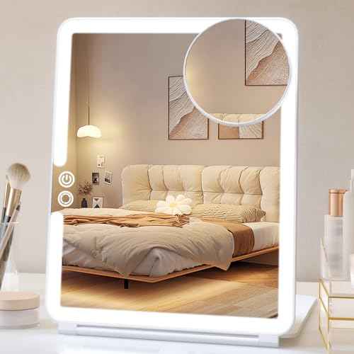 FUNTOUCH 1800mAh Rechargeable Large Travel Makeup Mirror with Lights, 10x7.5 Portable Lighted Makeup Mirror with 3 Color Lights, Dimming Folding Light Up Travel Mirrors with 10X Magnifying Mirror