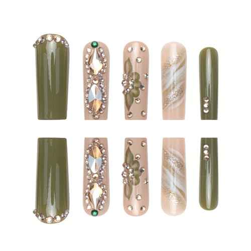 Green Fake Acrylic Long Nails Square False Nails Full Cover Rhinestones Press on Nails for Women and Girls 24PCS