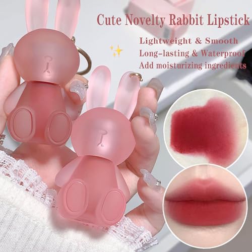 6 Colors Velvet Matte Liquid Lipstick set, Cute Rabbit Lip Glaze 2 in 1 Key Chain Lip Gloss Lip Stain, Waterproof Non-Stick Cup Long Lasting Lip Clay Cute Lip Makeup for Girls (A)