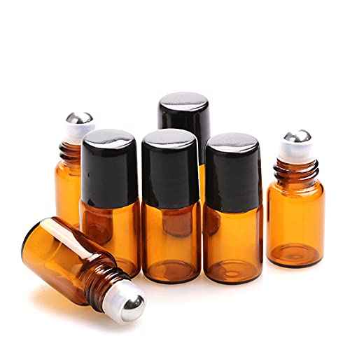 Furnido 25 Pack 2ml Amber Glass Roll on Bottle For Essential Oils,Perfume Vial with Stainless Steel Roller Ball,Black Caps Mini Sample Vials Cosmetics Small Container