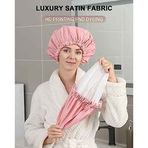 YIZIJIZI Shower Cap,Shower Caps for Women Reusable Waterproof,Two Layer Large Shower Caps Reusable Suitable for All Types of Straight Hair, Curly Hair, Long Hair,Braids (pink)
