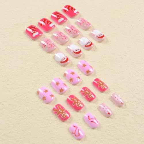 Christmas Press on Nails Short Square Fake Nails, Pink Press on Nails Winter Xmas Santa Claus with Design Christmas Glue on Nails Full Cover Stick on Nails for Women Christmas Manicure Tips 24Pcs