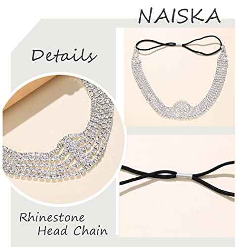 NAISKA Silver Crystal Rhinestone Head Chain Multi Layered Elastic Adjustable Rhinestone Hair band Wedding Bridal Forehead Headpieces Caps Party Prom Hair Jewelry for Women and Girls