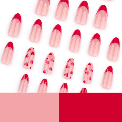 SINHOT Valentines Day Press on Nails Medium Almond Fake Nails Glossy Glue on Nails Cute Love Heart Stiletto Artificial Nails Red French Tip Acrylic Nails False Nails with Design 24 pcs