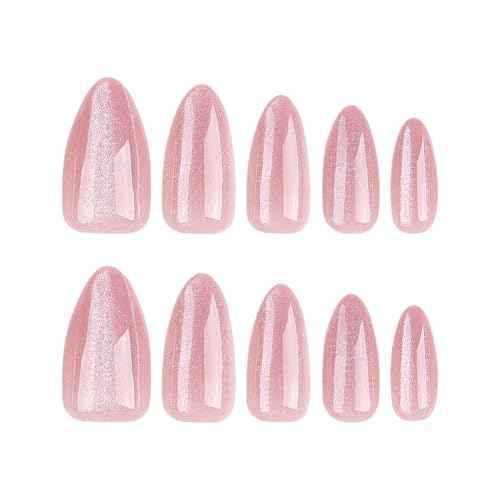 24 Pcs Cat's Eye Press on Nails Short Almond - YEFIUO Rose Pink Nail Tips Acrylic Nail Kit Short Nail Art Cute Fake Nails Press ons French Tip Glue on Nails Full Cover Glitter False Nails for Women