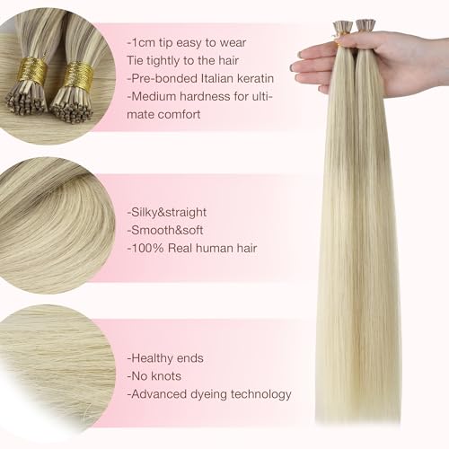 GOO GOO I Tip Hair Extensions Real Human Hair, 18inch 50g 50S, Cold Fusion I Tip Hair Extensions, Invisible Remy Hair Extensions, 17/22/60 Balayage Ash Blonde to Golden Blonde and Platinum Blonde