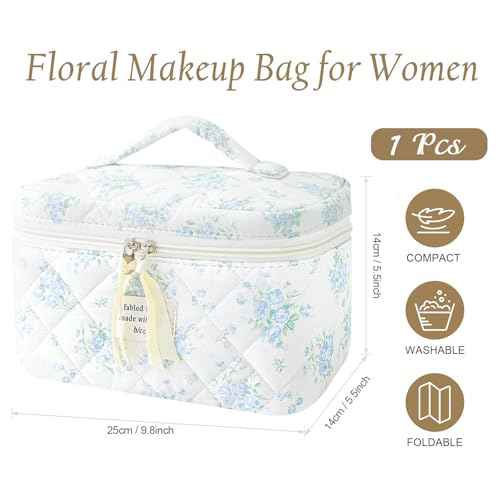 Large Travel Quilted Makeup Bag for Women, Floral Cotton Cosmetic Bag Cute Coquette Aesthetic Floral Toiletry Organizer Bag for Girls Little Blue Rose Cosmetic Zipper Storage Bag