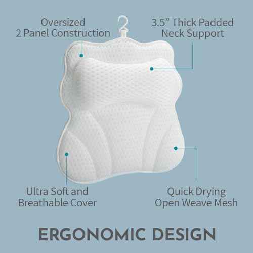 WONDERfoam Thick Padded Ergonomic Bath Pillow for Tub, Bathtub Headrest Neck and Back Support, Strong Suction Cups, Machine Washable Breathable Mesh Quick Dry Pillows, Luxury Spa Accessories, White