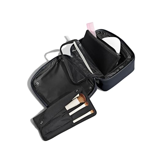 Away Cosmetics Bag, Makeup Bag with Detachable Brush Roll, Waterproof, Clear Zip Pockets, Travel Friendly, Navy Blue