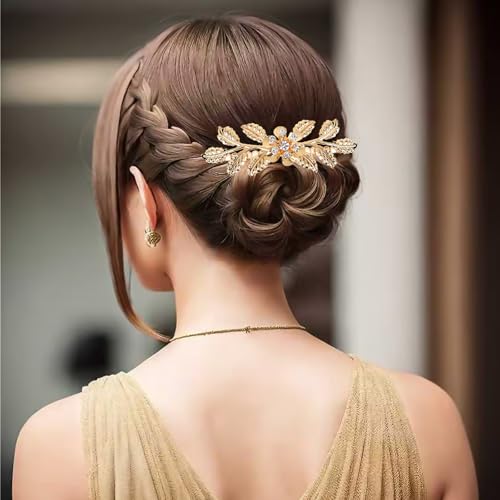 5PCS Leaf Hair Combs for Women Accessories Gold Silver Rhinestone Hair Comb Clips with Teeth Combs for Wedding Metal Decorative French Twist Slide Comb for Bride Bridesmaid Christma Parties Prom Dance