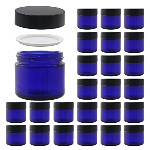 24 Pack 2 oz Round Blue Glass Cosmetic Jars with Inner Liners and Black Lids, Travel Jars, Refillable Containers for Makeup, Cream, Lotion, Sugar Scrubs, Eye Shadow, Slime, Paint, Jewelry
