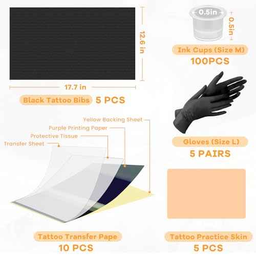 125Pcs 3MM Tattoo Skin Practice Kit, Includes 5Pcs 6"x8" Blank Practice Tattoo Skin, 10Pcs Tattoo Stencil Paper, 100Pcs Ink Cups, 5Pcs Tattoo Bib Sheet and 5 Pairs Gloves, Starter Tattoo Supplies Tool
