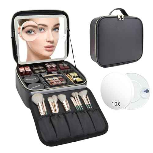 Travel Makeup Bag with LED Mirror and 10x magnifying glass with 3 Lighted Settings, Adjustable Dividers and Makeup Brush Storage Bag Black