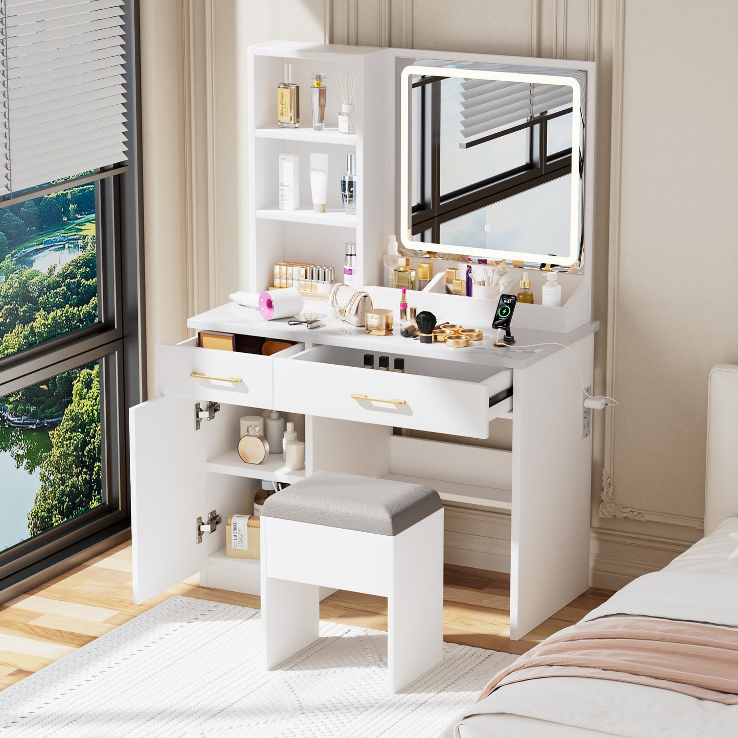 Makeup Vanity Desk With Mirror And Lights, White Table Power Outlet 3